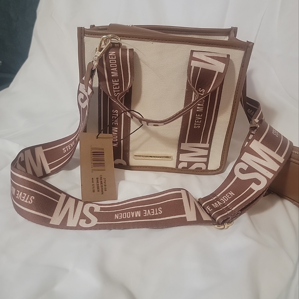 NWT STEVE MADDEN BWEBBER SATCHEL CROSSBODY BAG W AIR PODCASE CRÈME/BROWN TIK TOK